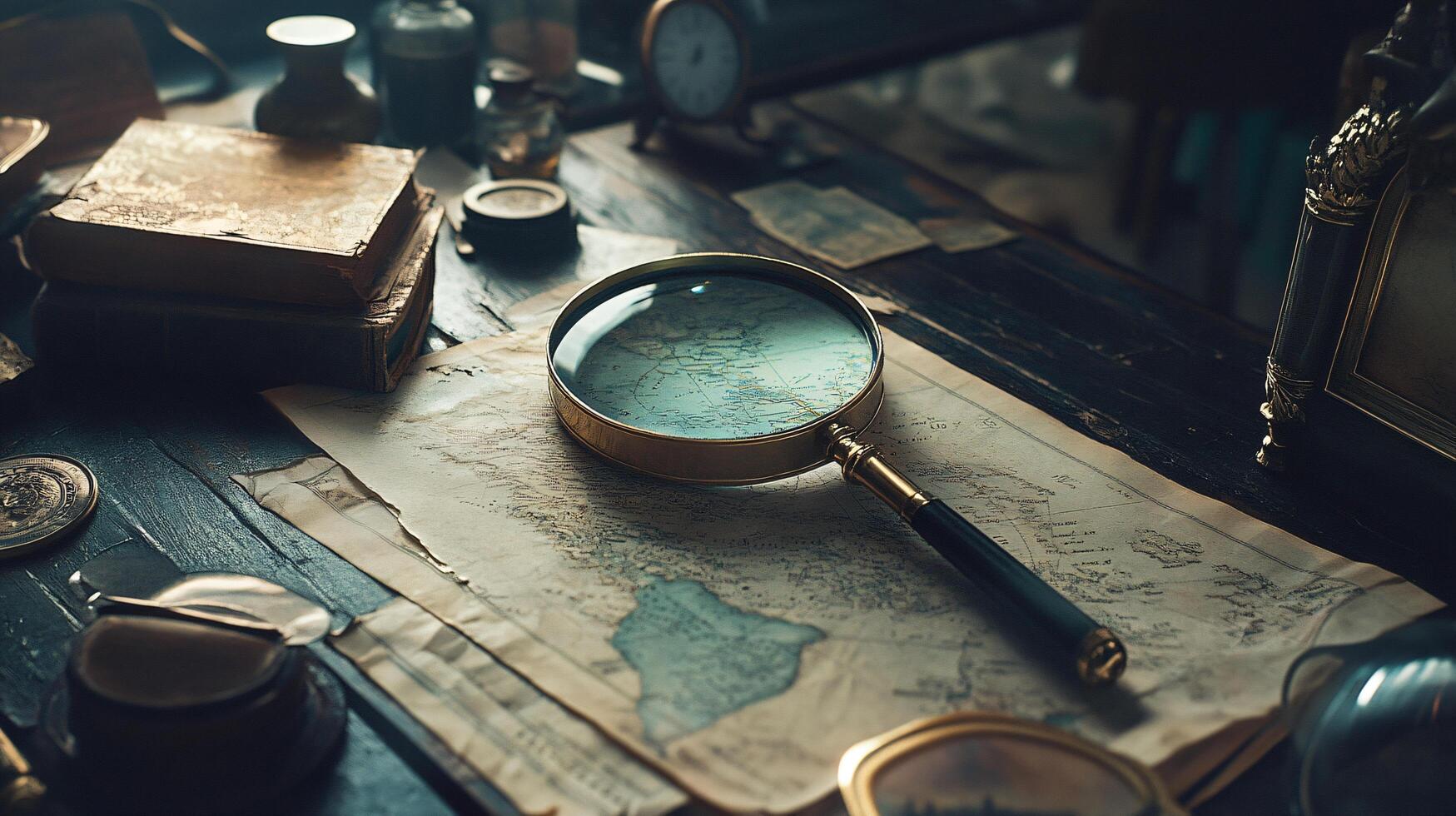 Magnifying glass on vintage map exploring scene photo