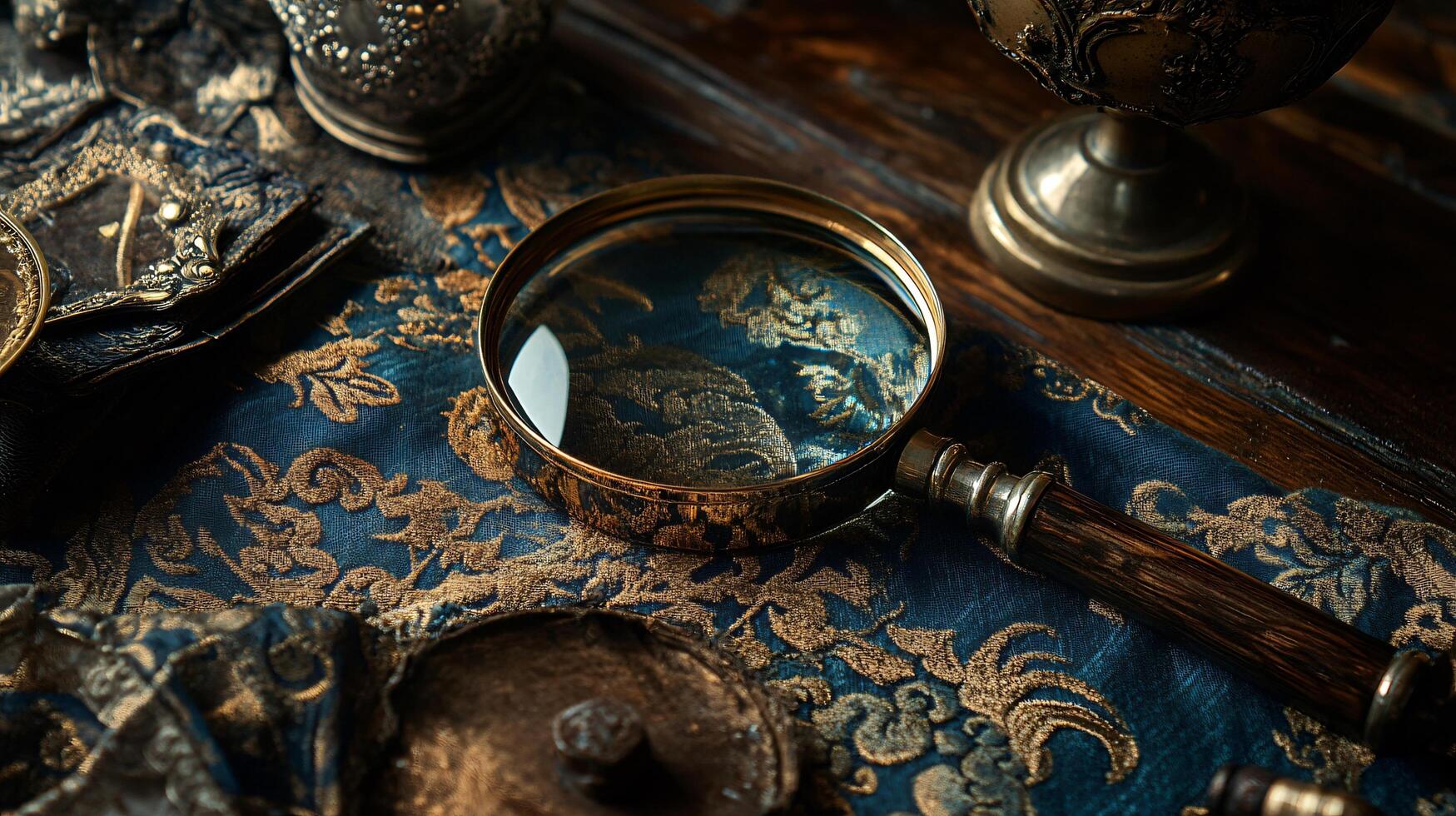 Vintage magnifying glass on patterned fabric surface photo