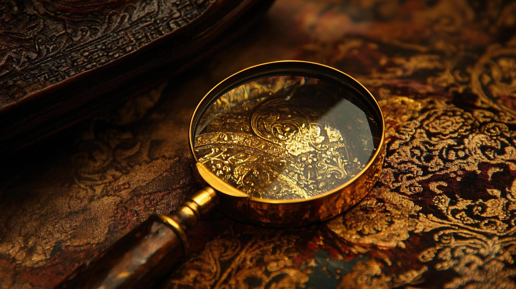 Ornate magnifying glass on richly patterned textile photo