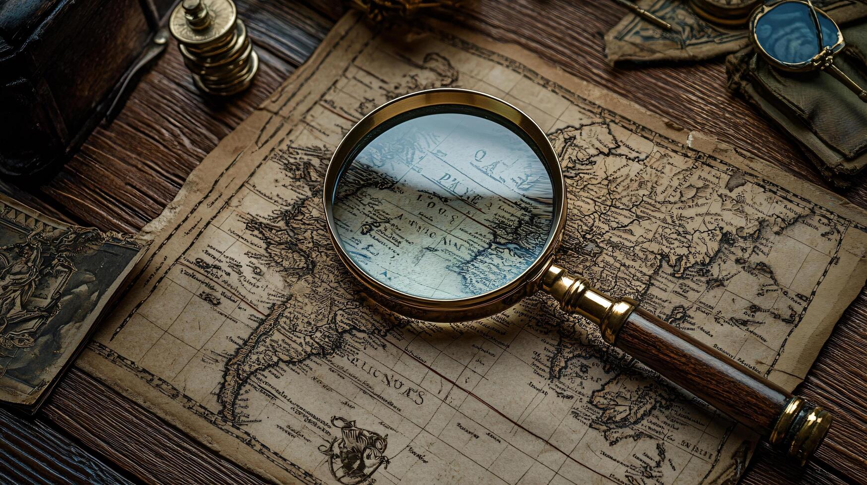 Old Map with Magnifying Glass Depicting Exploration photo