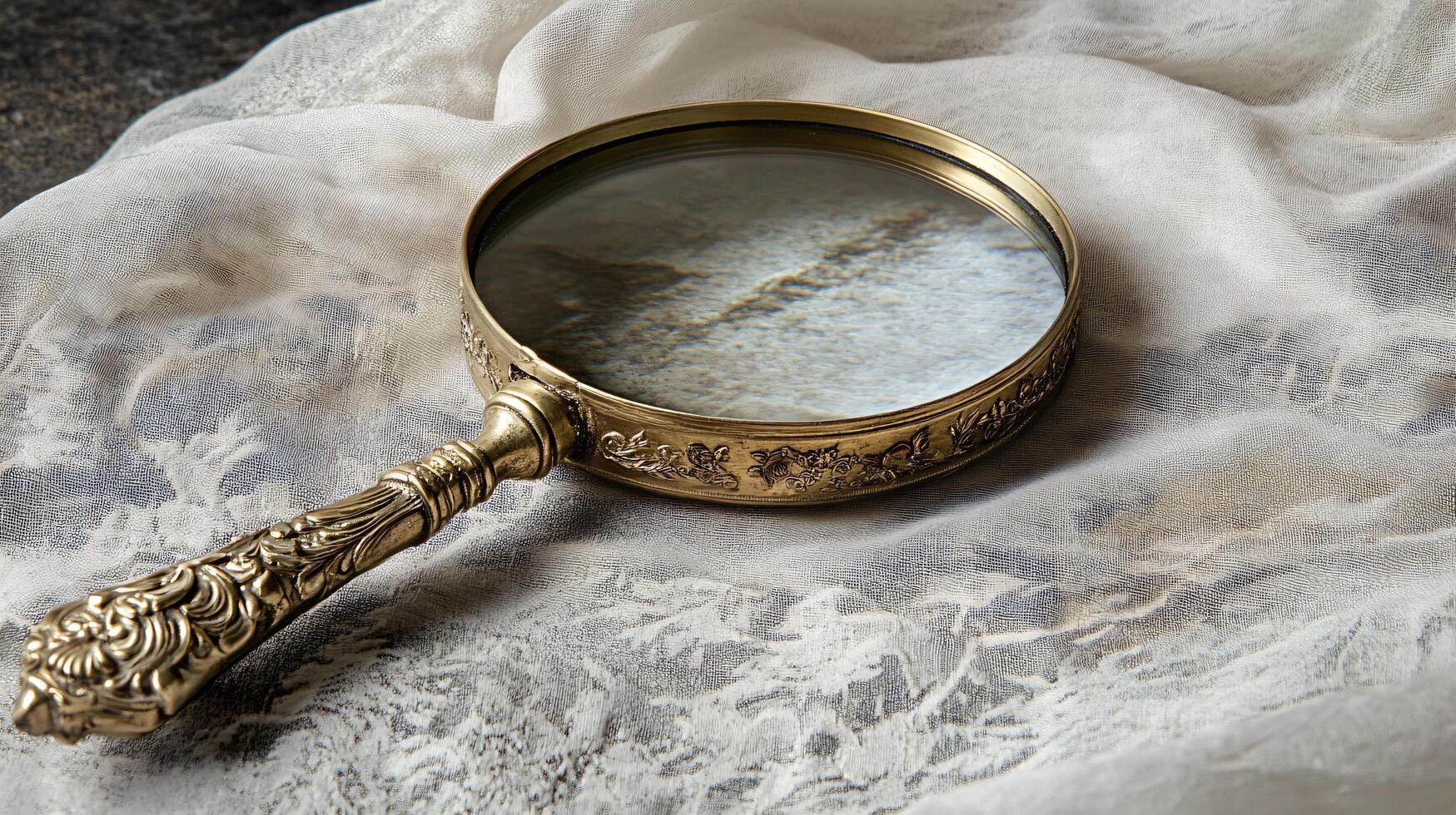 Ornate magnifier with intricate designs on sheer cloth photo