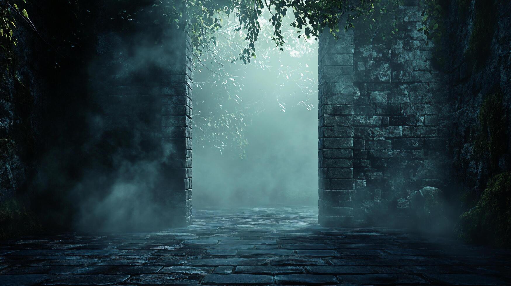 Misty stone path leading through ancient archway. photo