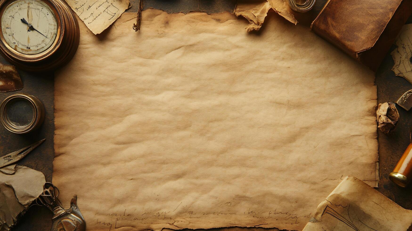 Antique paper with vintage objects and old documents photo