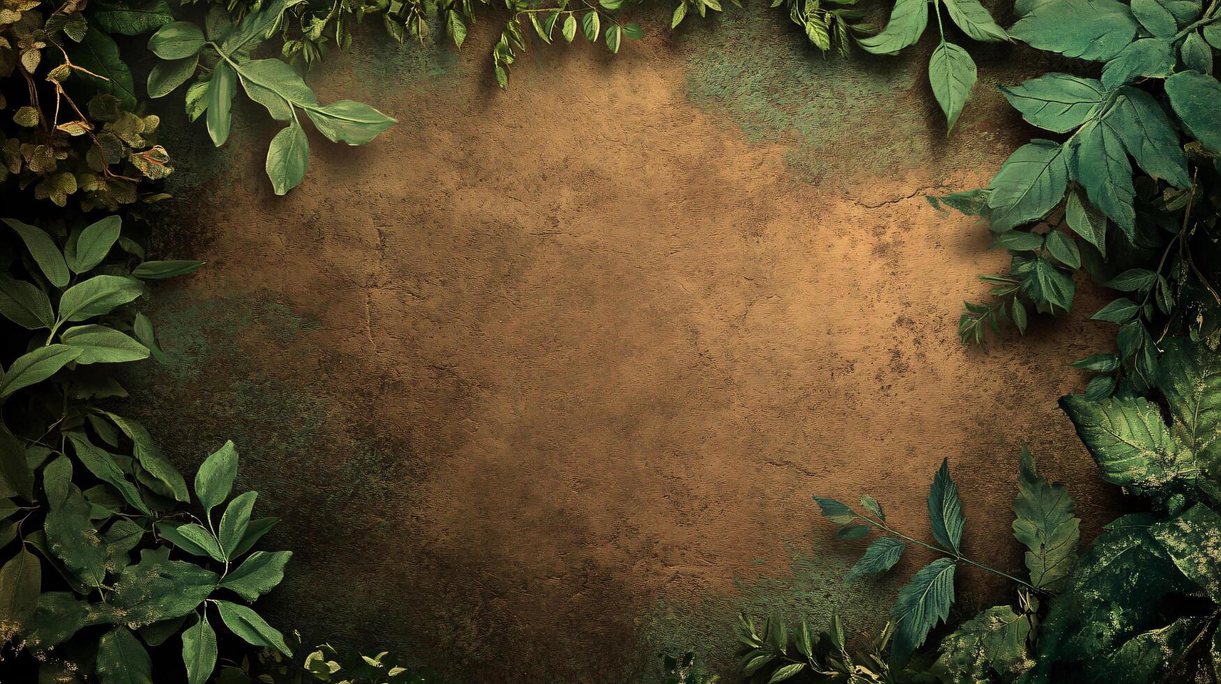 Lush green leaves frame a textured earthy backdrop photo