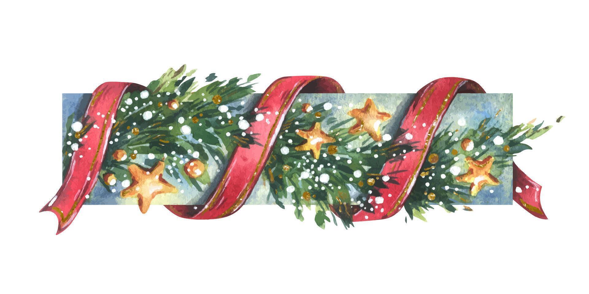 Garland decoration Christmas, New Year with green fir tree branches, red twisting ribbons, golden stars and snow. Watercolor hand-drawn illustration. Beautiful composition isolated from the background vector