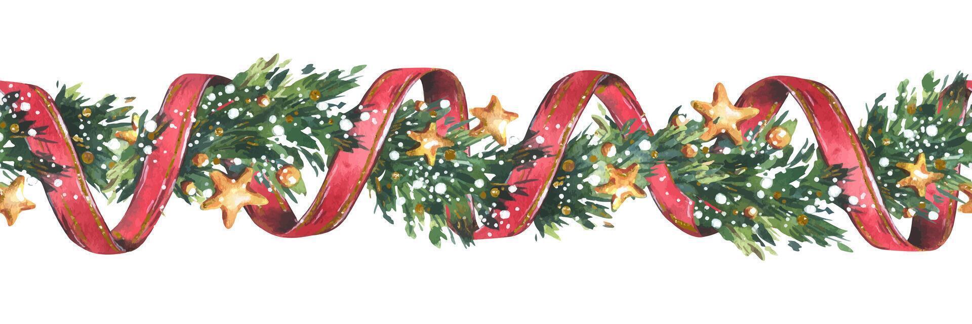 Garland decoration Christmas, New Year with green fir tree branches, red twisting ribbons, golden stars and snow. Watercolor hand drawn illustration. Seamless border isolated from background vector