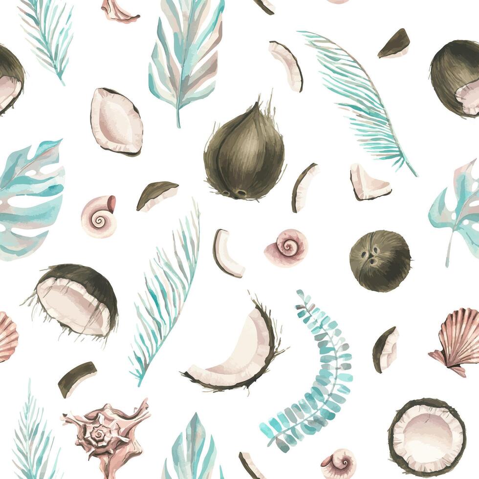 Whole coconuts and slices with tropical palm leaves and seashells. Watercolor illustration. Seamless pattern on a white background from the collection of COCONUTS. For the design and design of prints vector