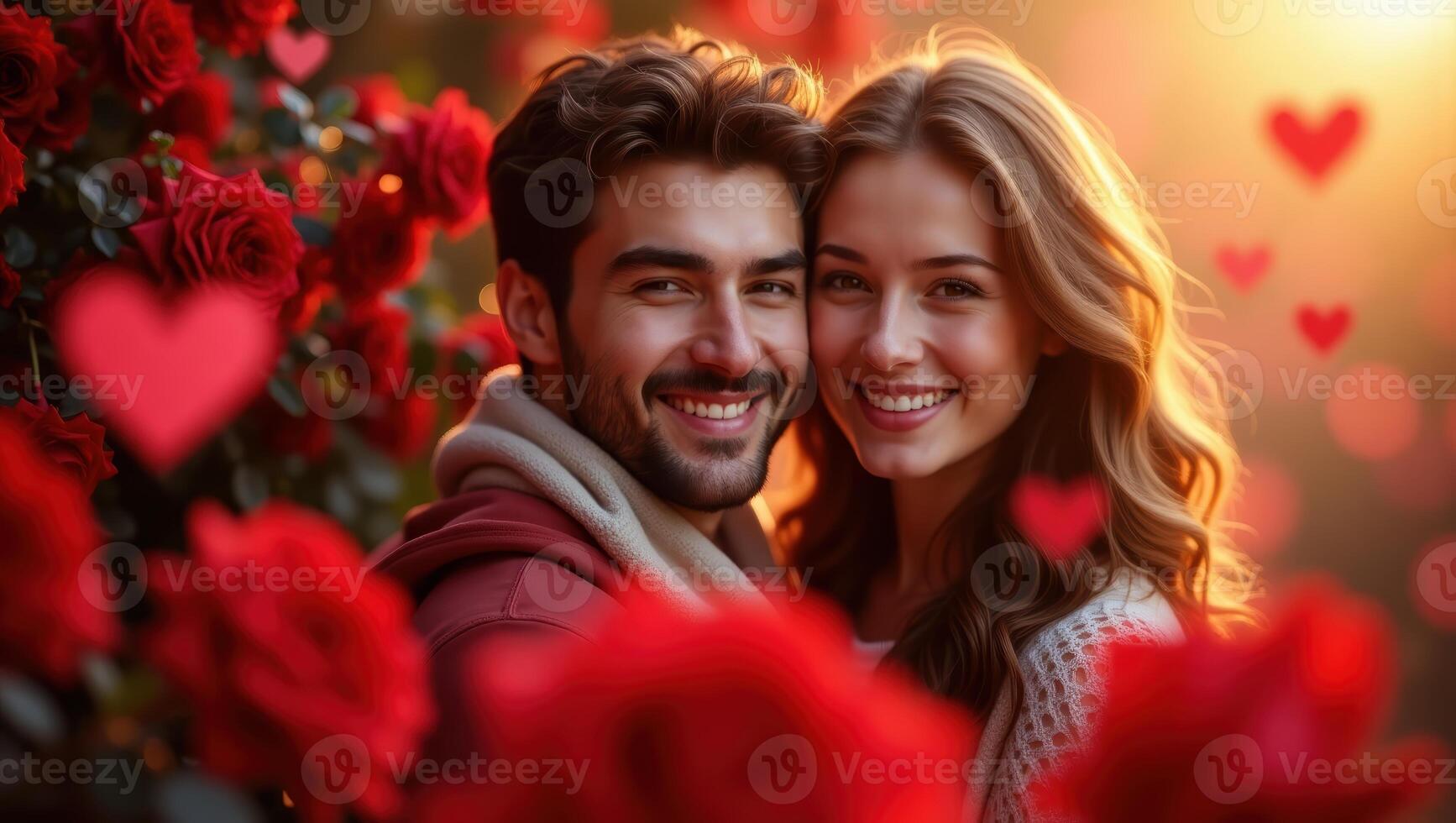 Romantic Valentine's Day couple smiling with roses and heart bokeh background photo