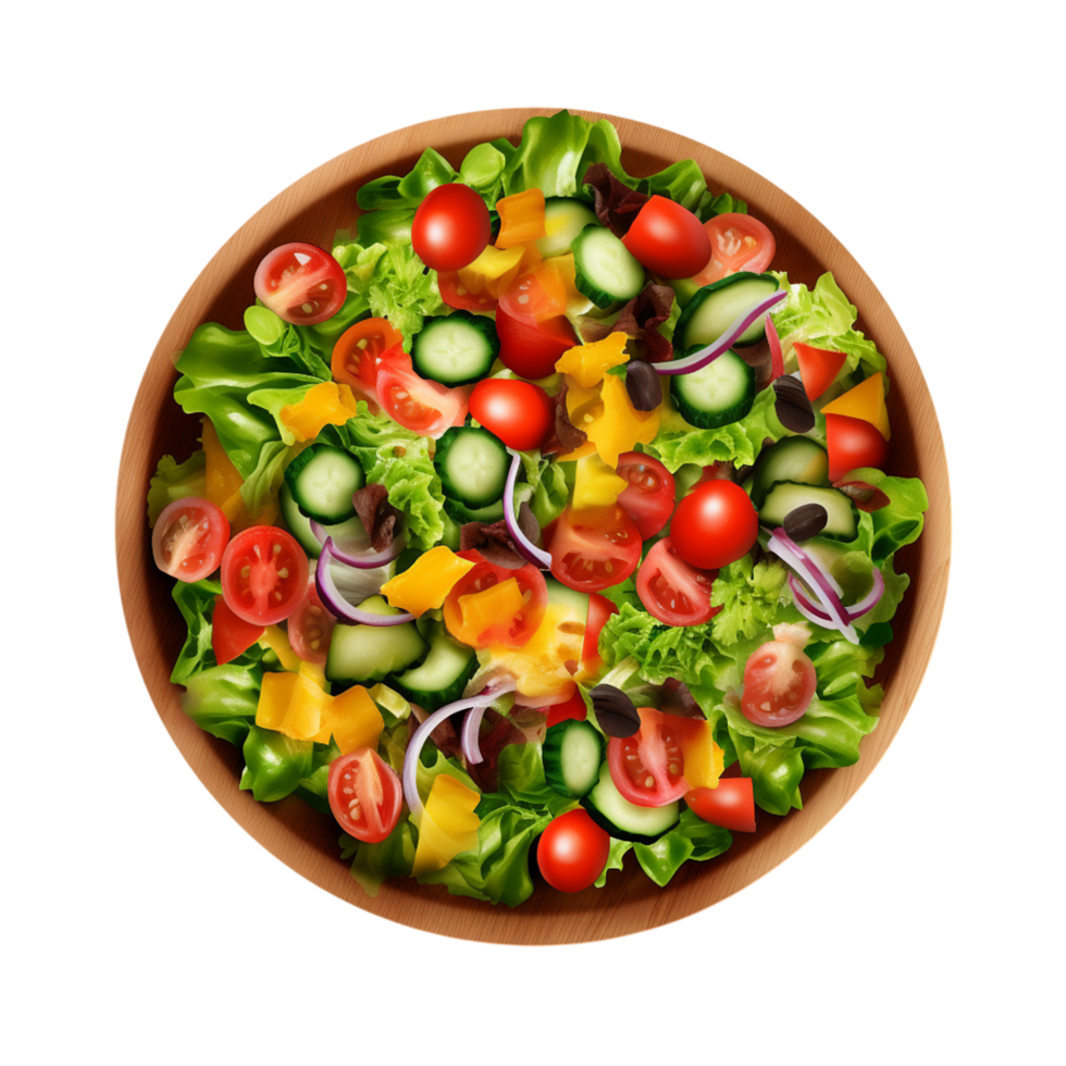 Colorful Vegetable Salad with Broccoli Tomatoes Black Olives and Bell Peppers in a Bowl png