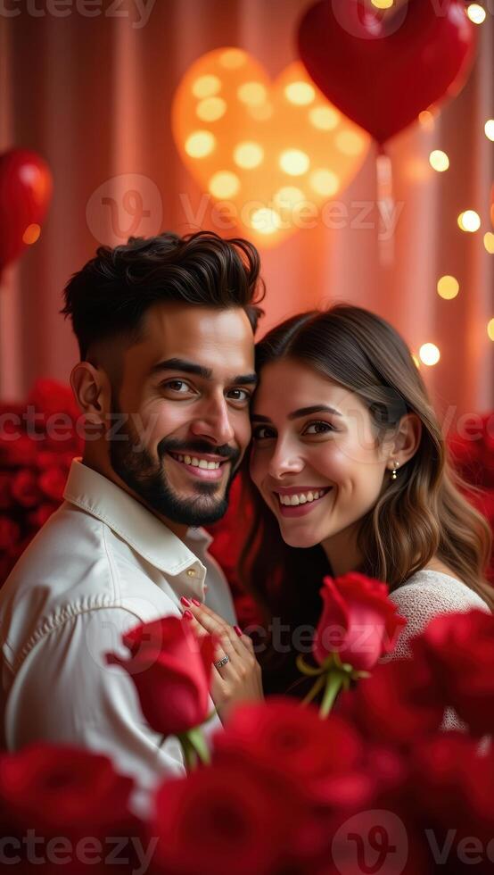 Romantic couple celebrates love with red roses and heart shaped balloons photo
