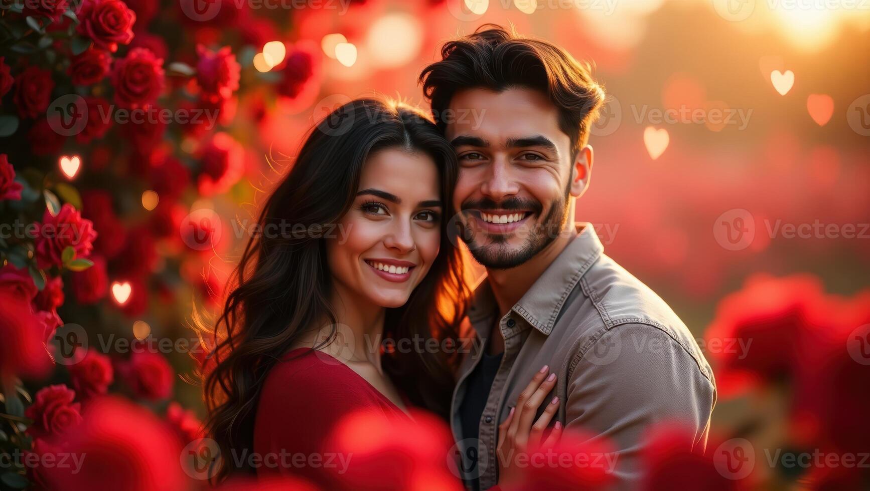 Romantic couple surrounded by red roses enjoying a warm Valentine's day moment together photo