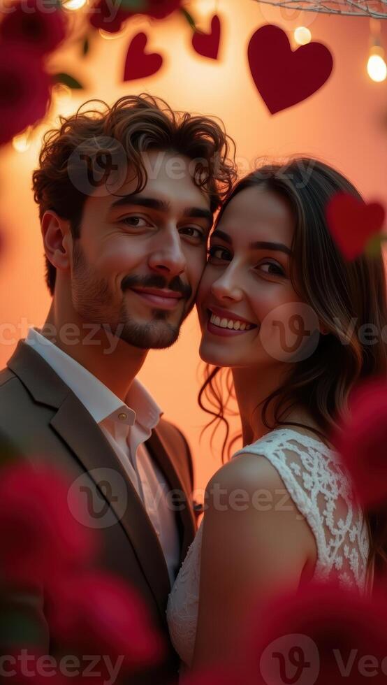 Romantic Couple Embracing with Hearts and Roses on Valentines Day Celebrating Love photo