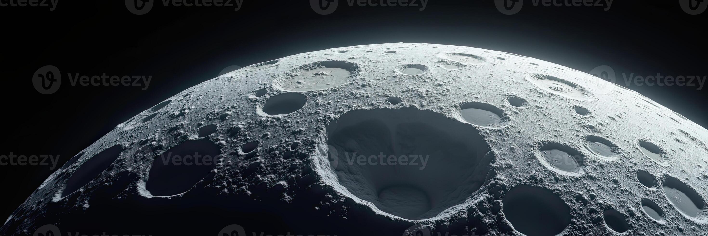 Detailed close-up view of the moon,s surface highlighting its cratered landscape against a dark void photo