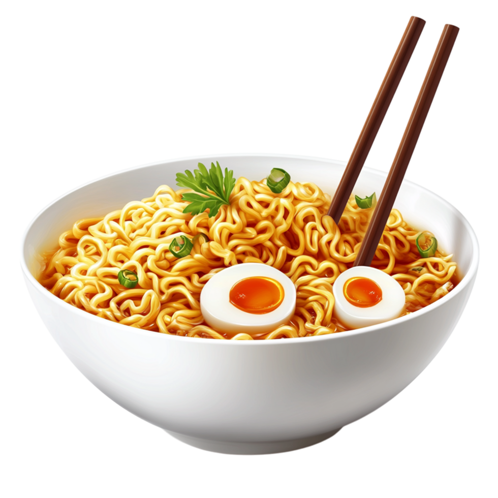 Bowl of Hot Instant Ramen Noodles with Boiled Egg and Chopsticks png