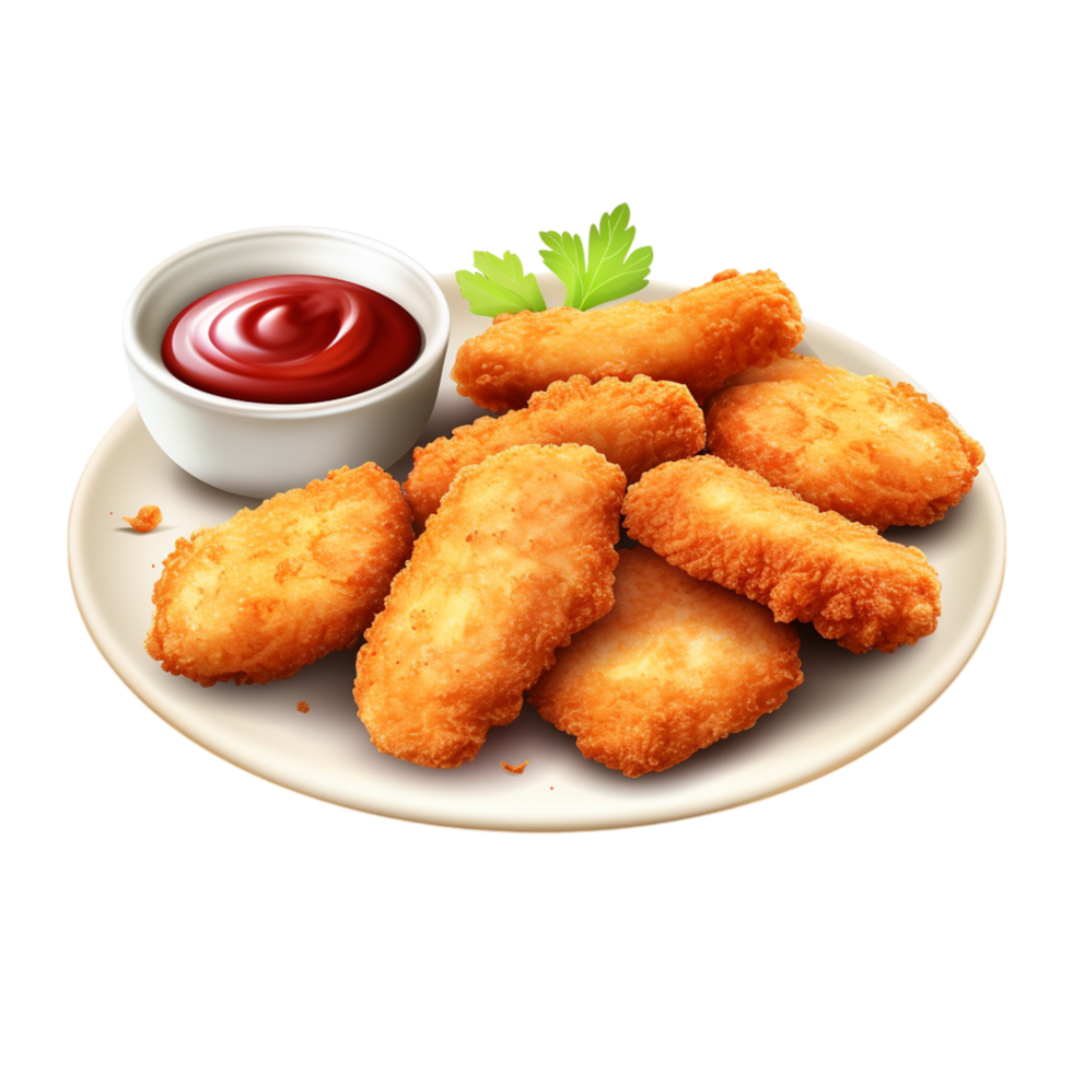 Golden Crispy Chicken Nuggets on Plate with Ketchup and Garnish png