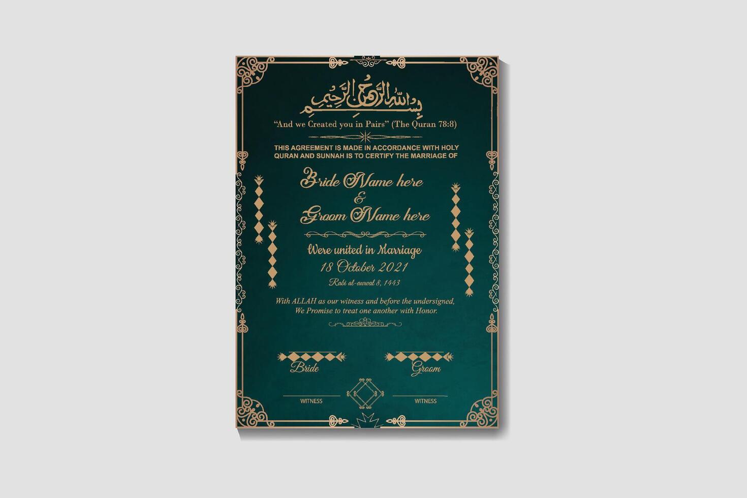the wedding invitation card is green and gold with Bismillah vector