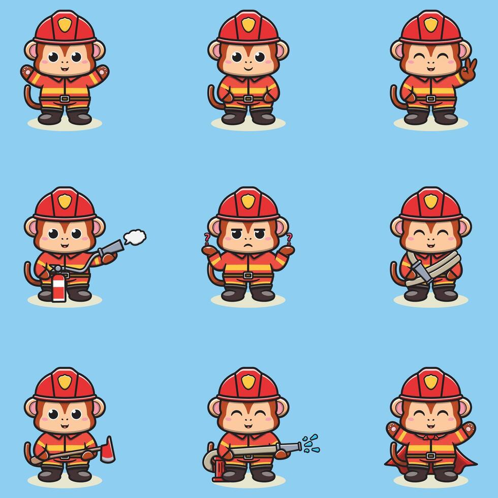 Illustration of Monkey cartoon with Firefighter costume. Set of cute Monkey characters. vector