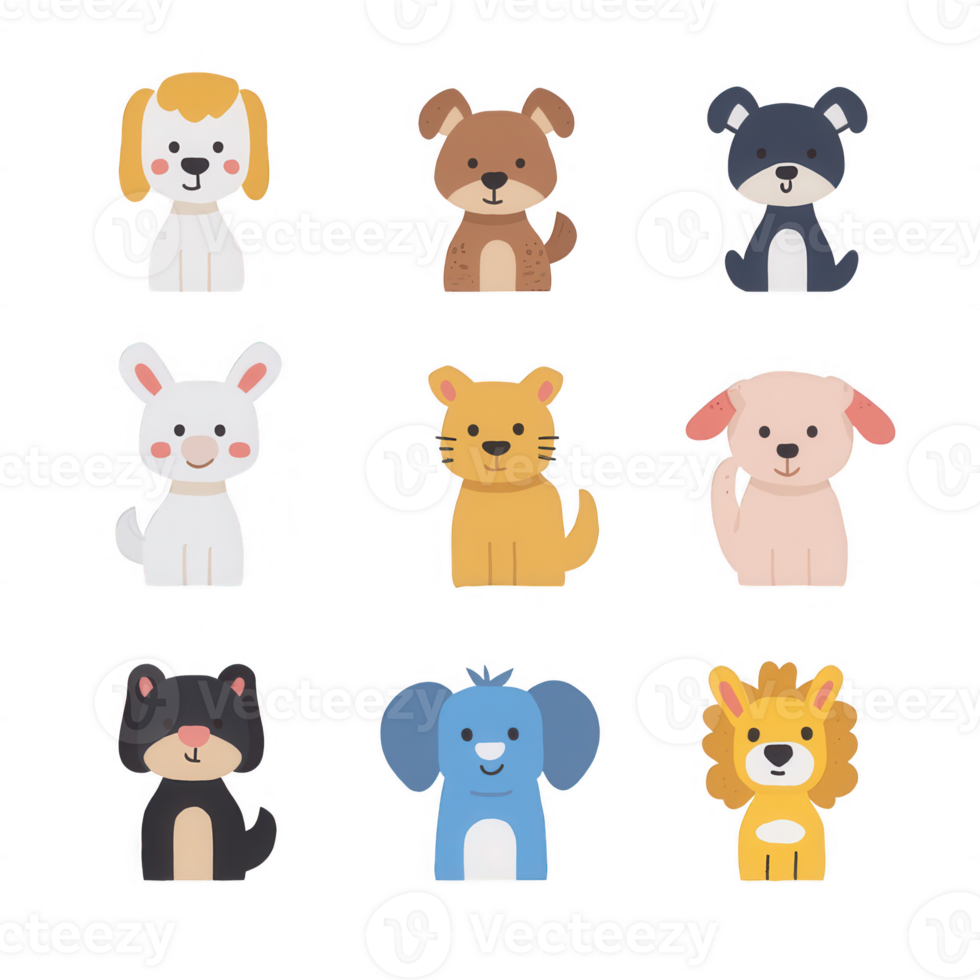A colorful collection of cute cartoon animals in various playful poses. png