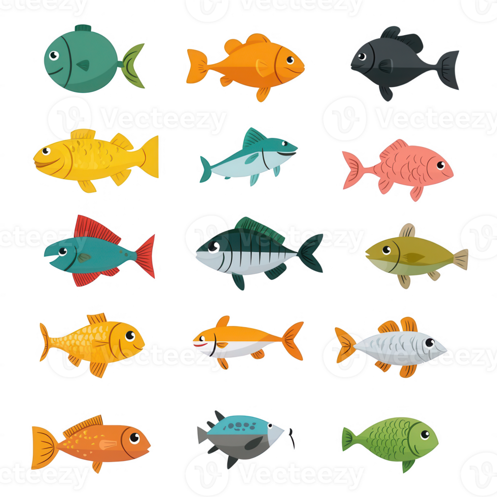 A colorful collection of cartoon fish in various shapes and sizes. png
