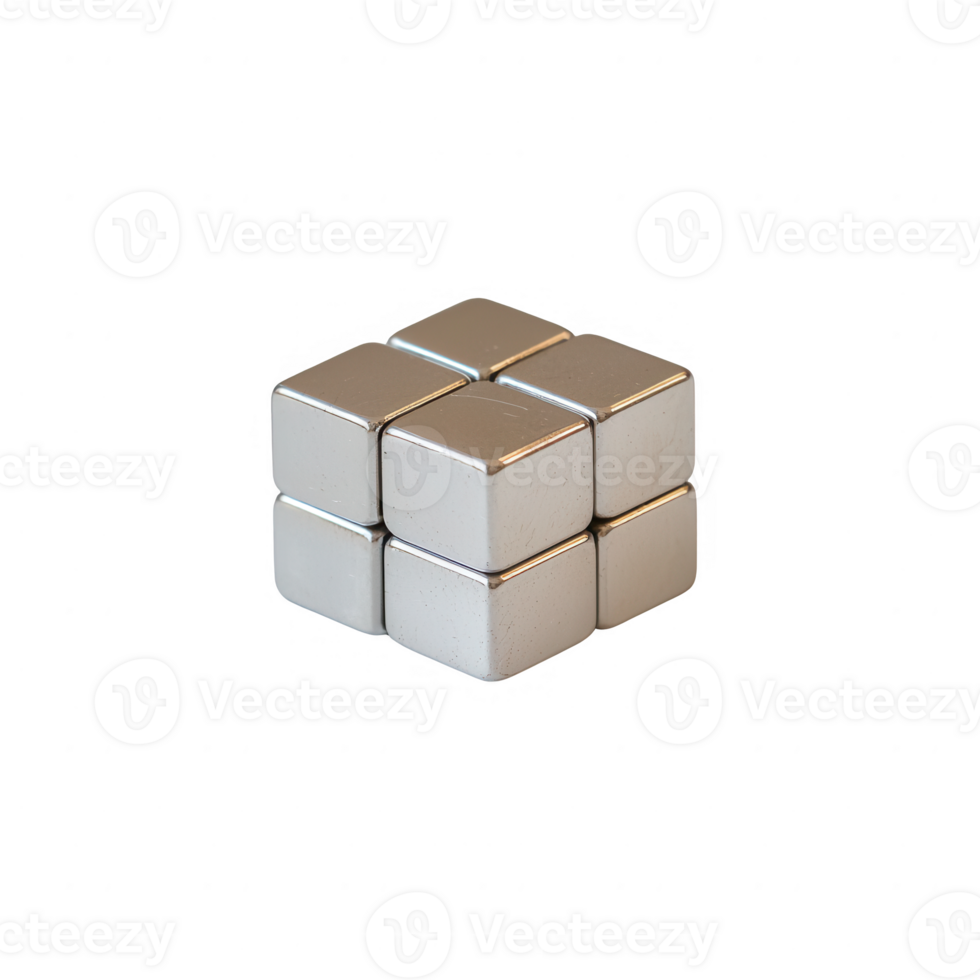 A polished set of metallic cubes arranged in an abstract formation on a reflective surface. png