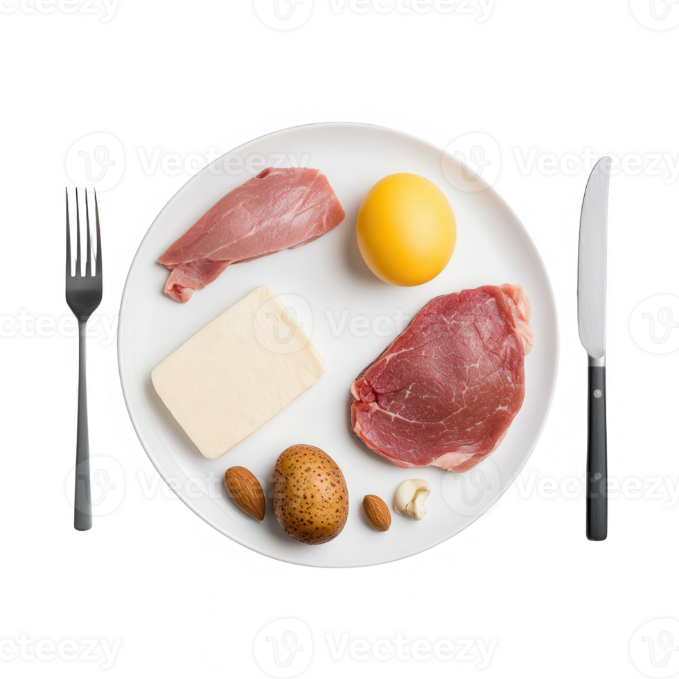 A plate featuring raw meat, cheese, an egg, and nuts for a nutritious meal. png