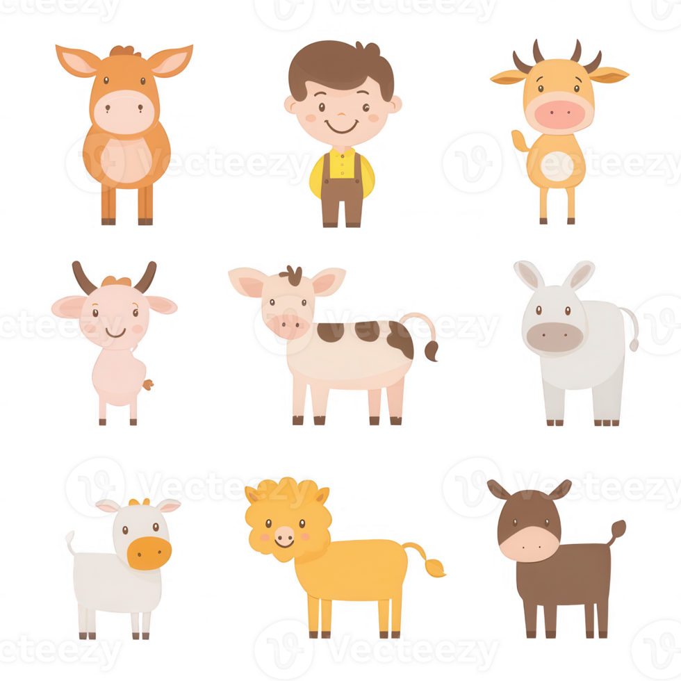 A playful illustration of farm animals and a happy child interacting. png