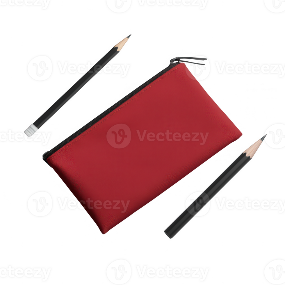 A red pencil case with two black pencils, perfect for organizing stationery. png