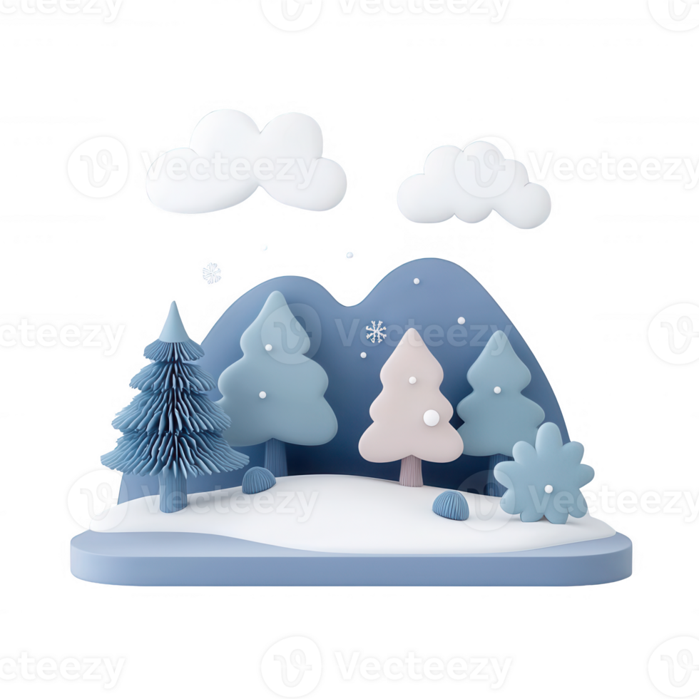 A serene winter landscape with stylized trees and a gentle snowy backdrop. png