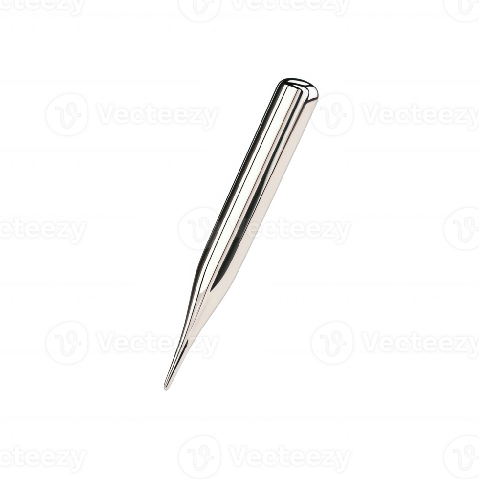 A sleek, polished silver pencil with a sharp tip for precision writing and drawing. png