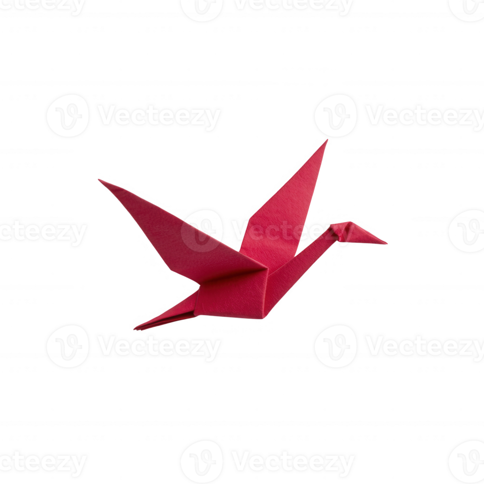 A vibrant red origami crane with outstretched wings captured in mid-flight. png