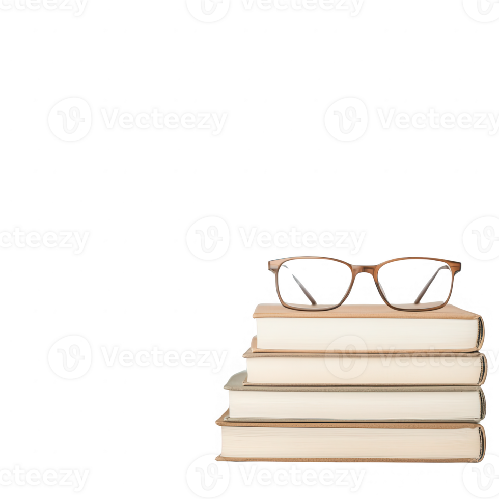 A stack of books topped with stylish glasses for a cozy reading atmosphere. png