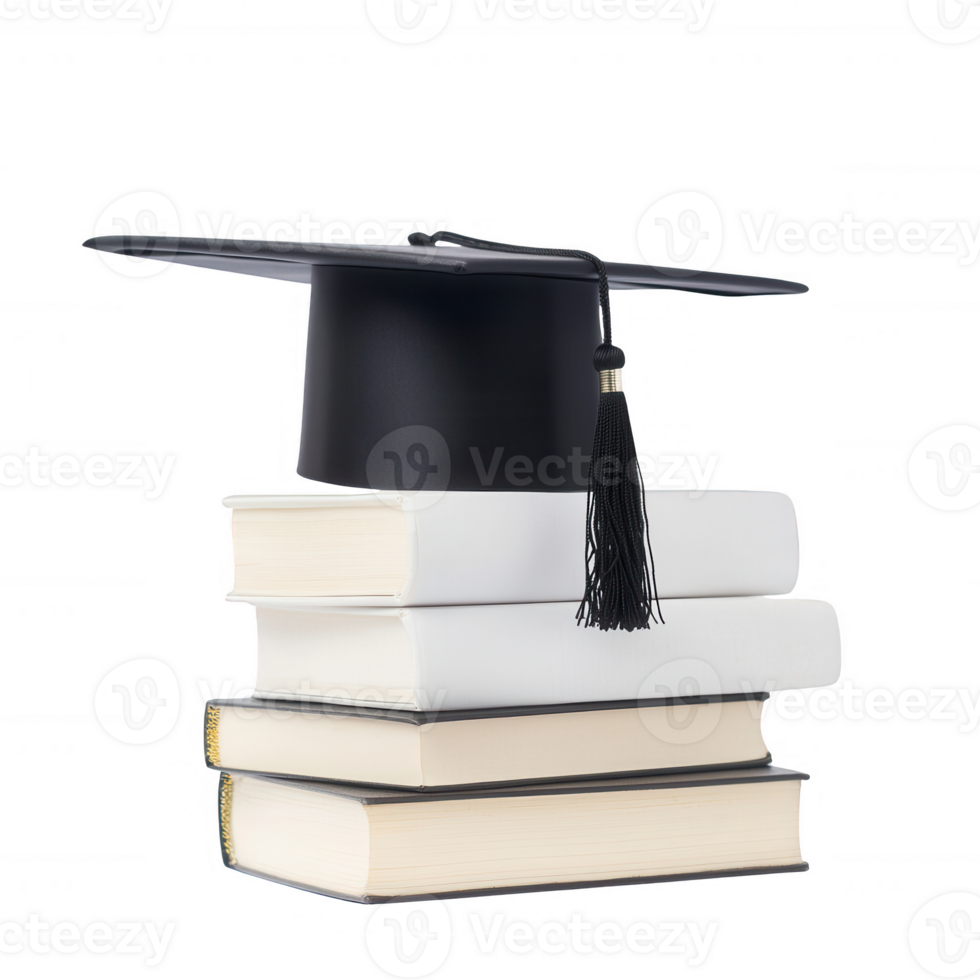 A stack of books topped with a graduation cap symbolizing academic achievement. png