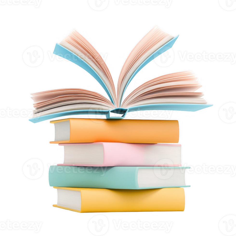 A stack of colorful books with one opened on top, symbolizing learning and knowledge. png