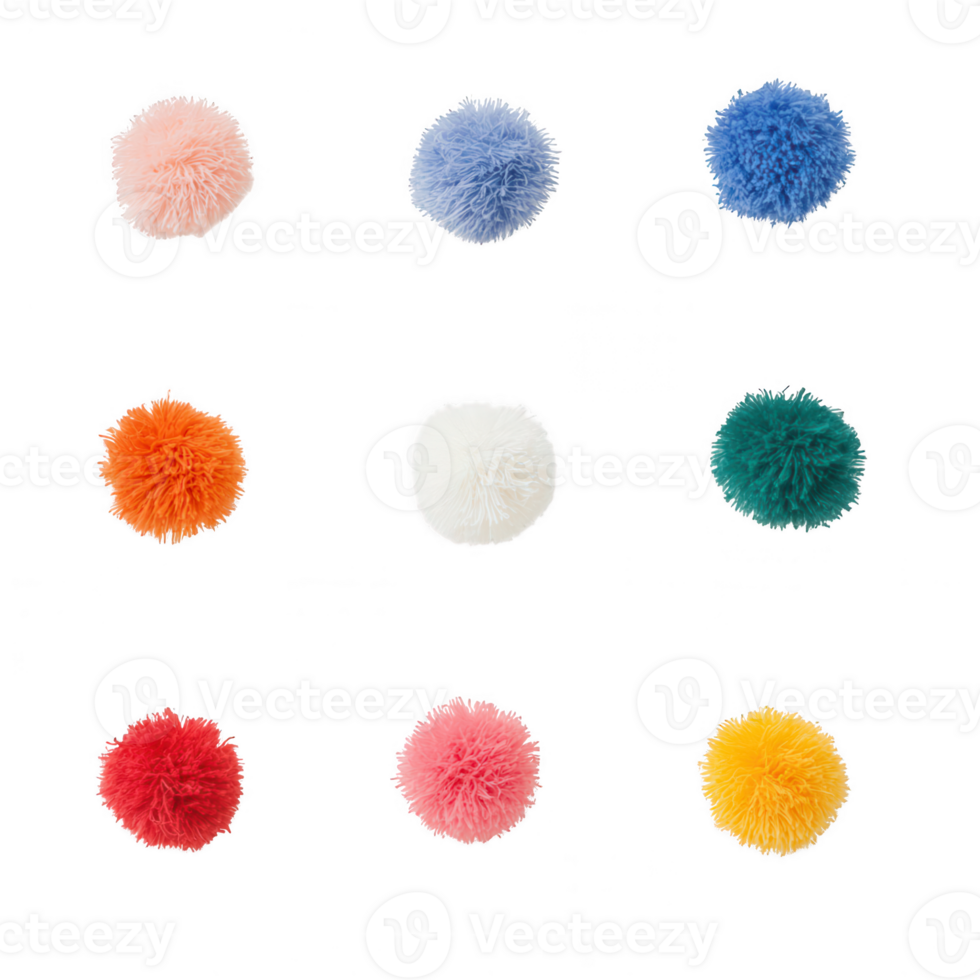 A vibrant collection of colorful pom-poms arranged in a grid pattern. png