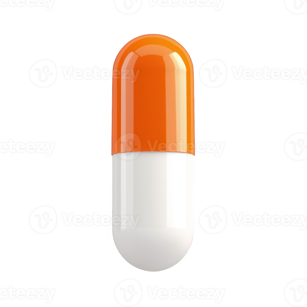A vibrant orange and white capsule pill on a clean background. png
