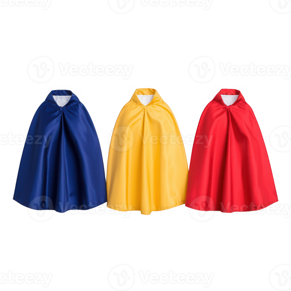 Bright and colorful superhero capes in blue, yellow, and red, perfect for imaginative play. png