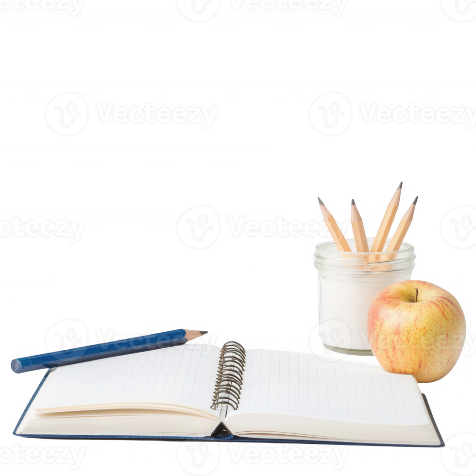 A workspace with a notebook, pencils, an apple, and a jar of cream on a white background. png