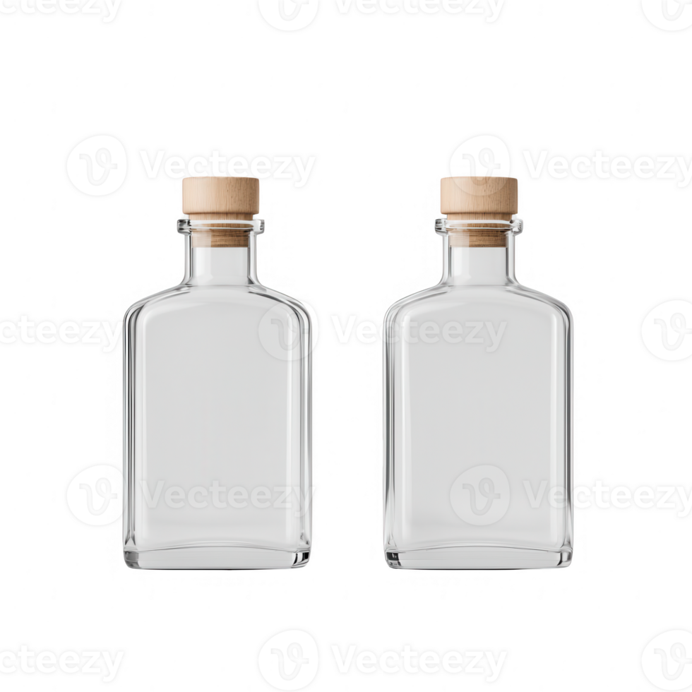 Clear glass bottles with wooden caps, perfect for beverages or DIY projects. png