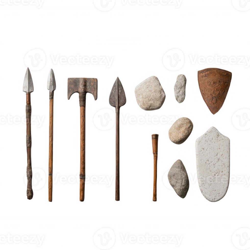An array of ancient tools and weapons made from wood and stone, showcasing craftsmanship. png