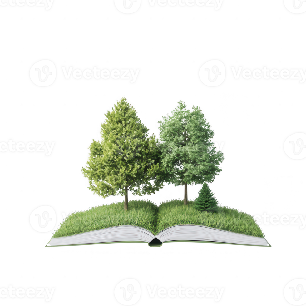 An imaginative concept of trees growing from an open book symbolizing nature and knowledge. png