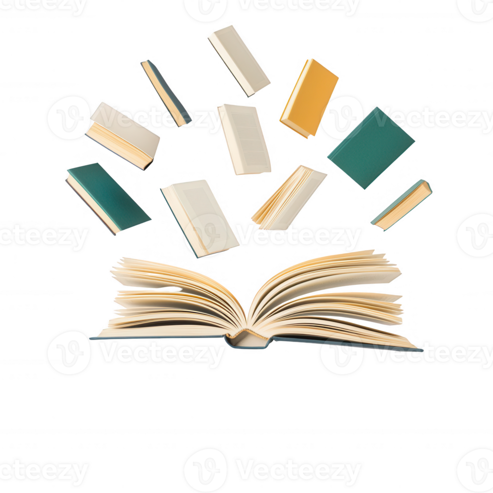 An open book with various colored books floating above, symbolizing knowledge and imagination. png