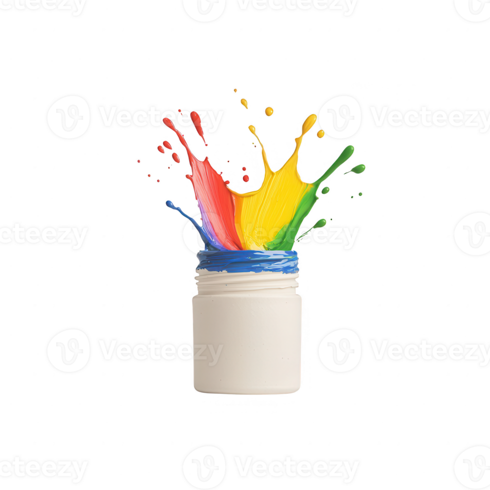 A vibrant splash of colors emerging from an open paint jar on a white background. png