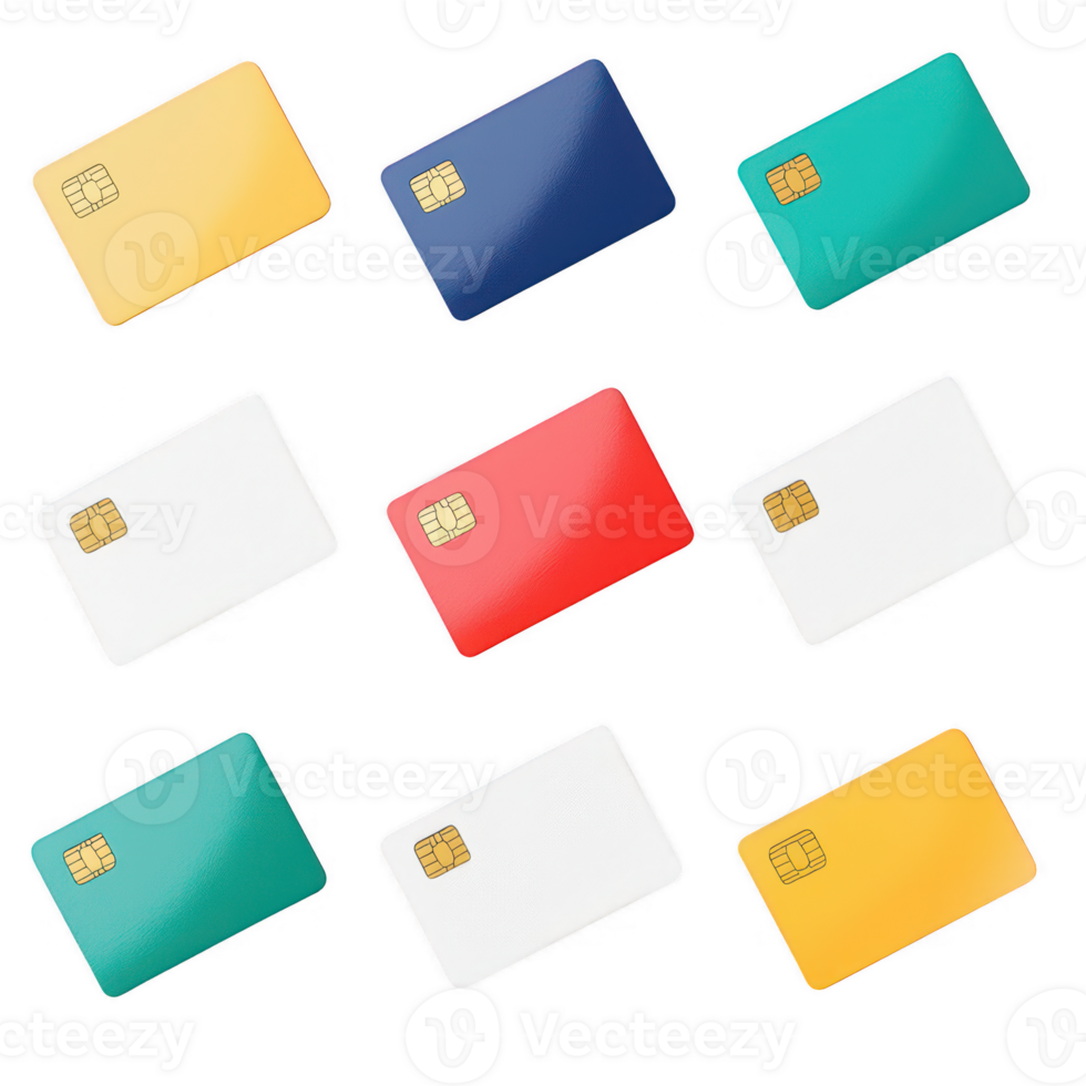 Colorful credit cards arranged in a grid on a white background for financial imagery. png