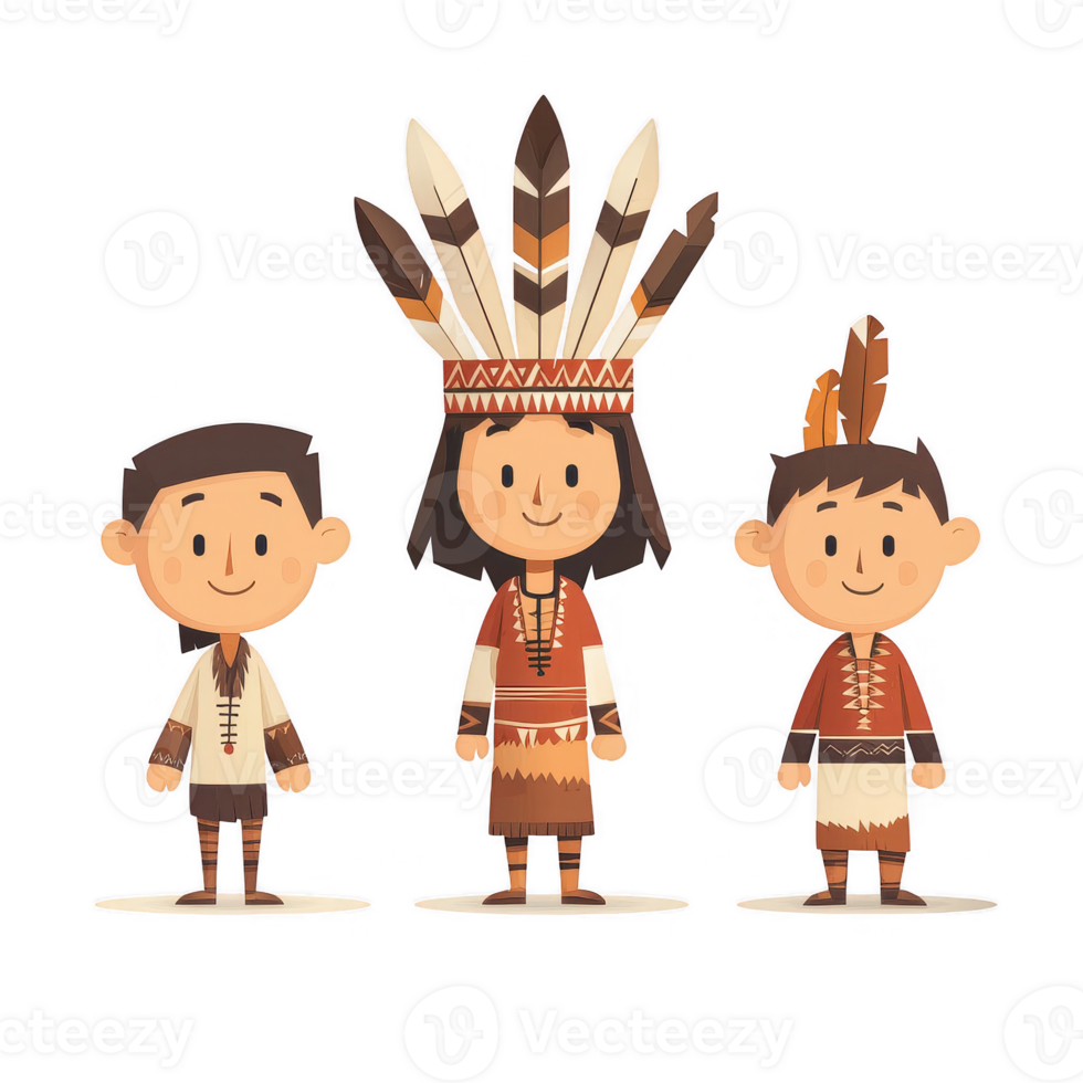 Colorful illustration of three indigenous characters displaying cultural attire. png