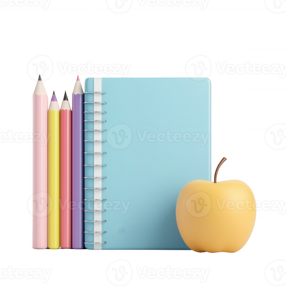 Colorful school supplies with a notebook and an apple for creative inspiration. png