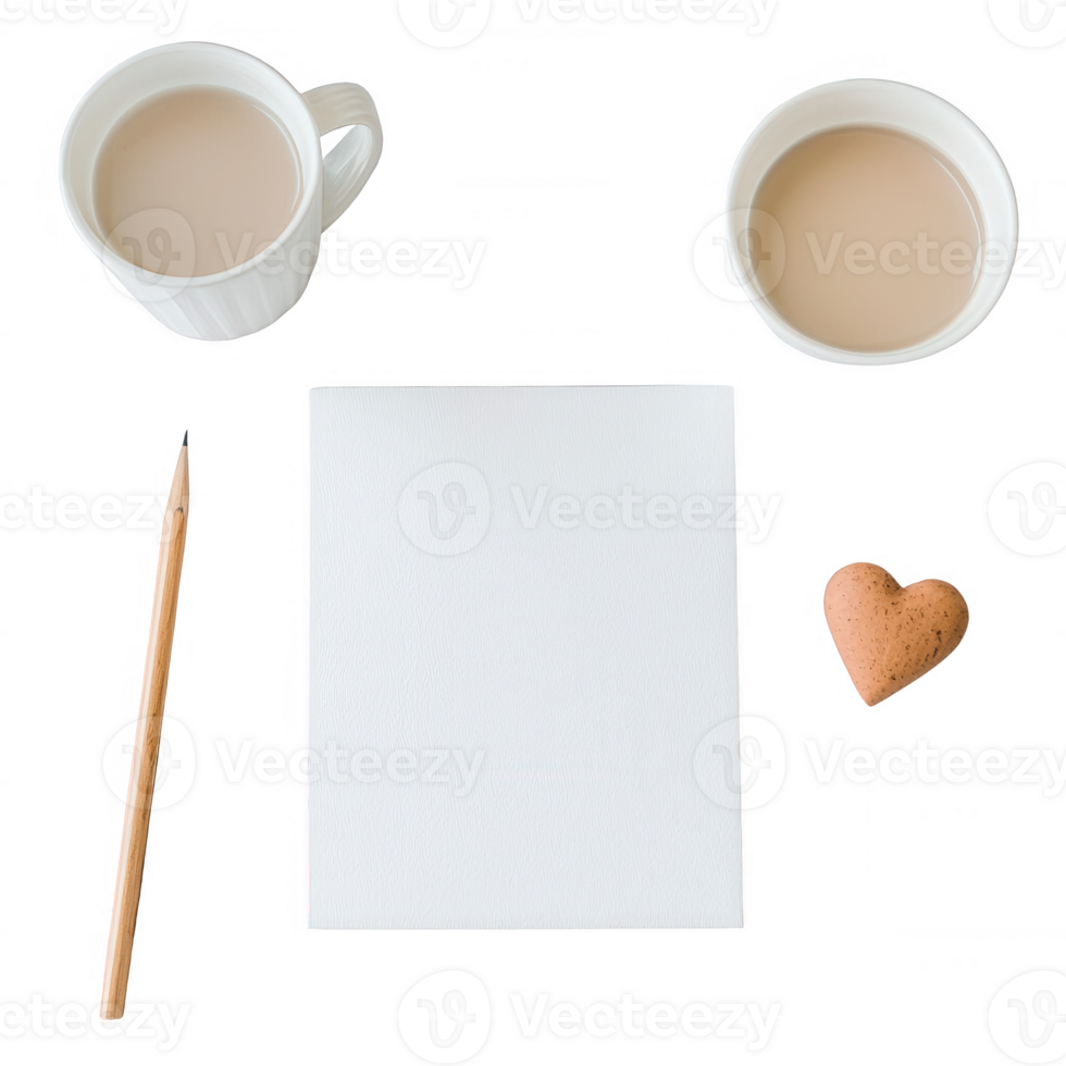 Cozy workspace with tea, coffee, and a notebook ready for inspiration. png