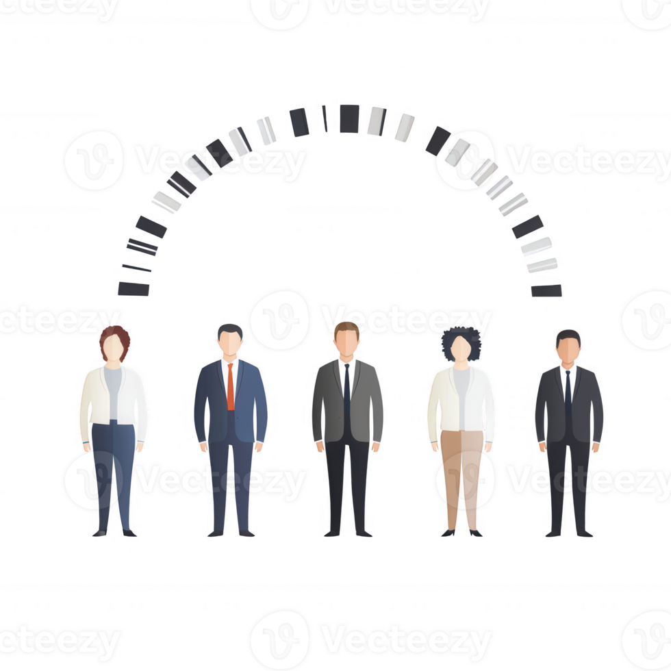 Diverse group of professionals standing together in a modern office setting. png