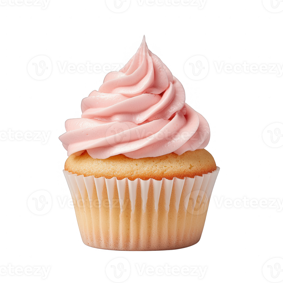 Delicious pink frosted cupcake with golden base, perfect for dessert lovers. png