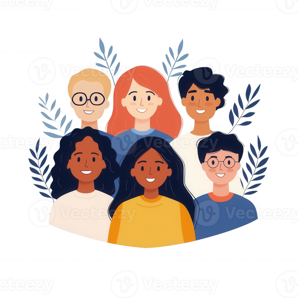 Diverse group of cheerful friends smiling together, showcasing friendship and community. png