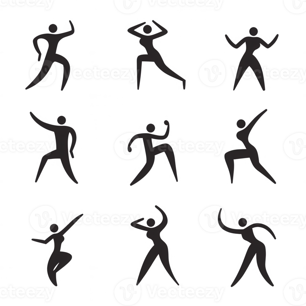 Dynamic silhouettes of dancers in various poses showcasing movement and expression. png